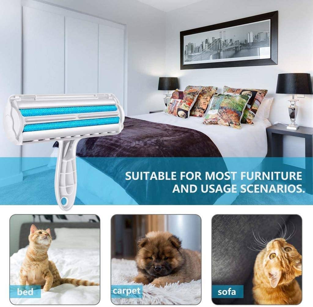 Werbegrafik, die einen Fusselentferner in einem Schlafzimmer zeigt, mit dem Text „GEEIGNET FÜR DIE MEISTEN MÖBEL UND VERWENDUNGSSZENARIEN" und Beispielen für Bett, Teppich und Sofa.