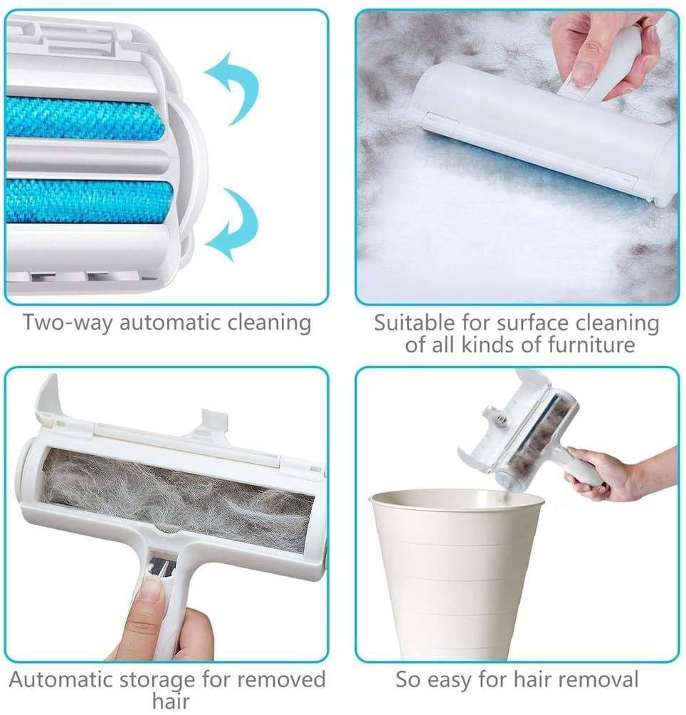 Vierteiliges Produktbild einer Fusselrolle mit Doppel-Selbstreinigung, Oberflächenreinigung, Haarsammlung und einfacher Schmutzentfernung in einen Behälter.