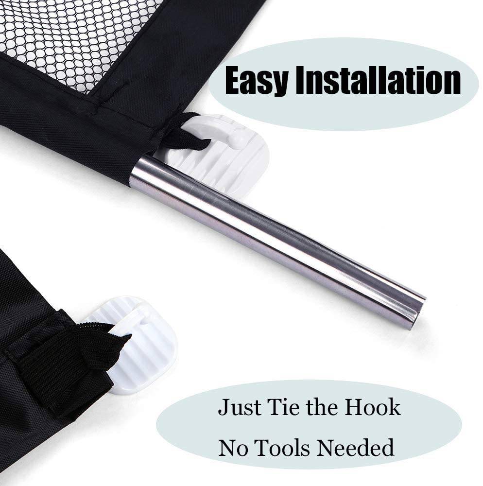 Produktbild mit einem Klettverschluss-Mesh-Organizer mit Metallstab und Riemen; Text sagt „Einfache Installation