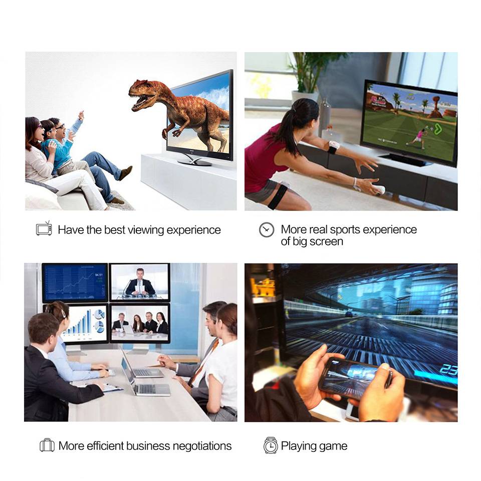 Vierpanel-Werbung zeigt ein großformatiges Display für die Anwendung als 3D-Filmbetrachtung, Sportspiele, geschäftliche Videokonferenzen und tragbares Gaming, jeweils mit entsprechenden Bildunterschriften.