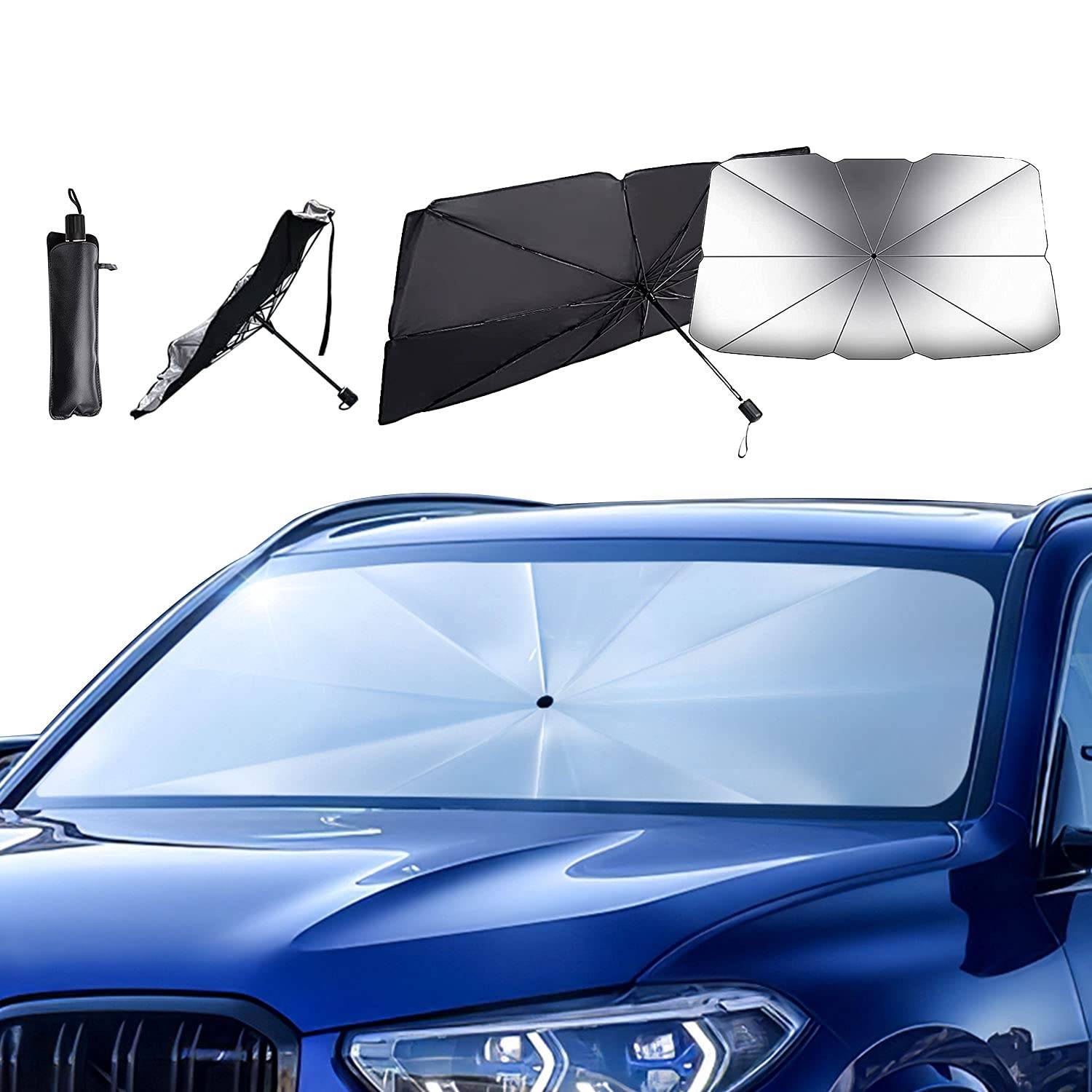Faltbarer Sonnenschutz für Autos in kompakter, geöffneter und installierter Ansicht auf einer Autoscheibe, konzipiert zum Blockieren von Sonnenlicht und Wärmestrahlung.
