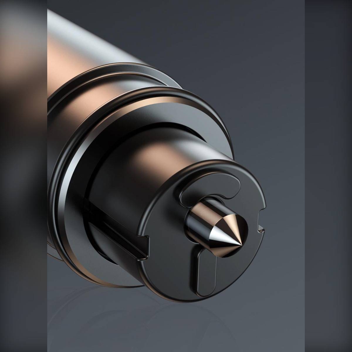 Nahaufnahme einer 3D-Darstellung eines schwarzen zylindrischen mechanischen Teils mit einer spitzen Metallspitze, dargestellt vor einem dunkelgrauen Hintergrund.