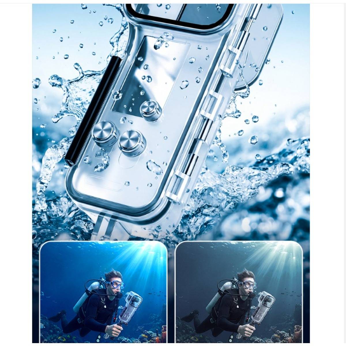 Wasserdichtes Smartphone spritzendes Wasser von oben, darunter zwei Unterwasser-Taucher-Fotos, die das Telefon in der Tiefe zeigen.