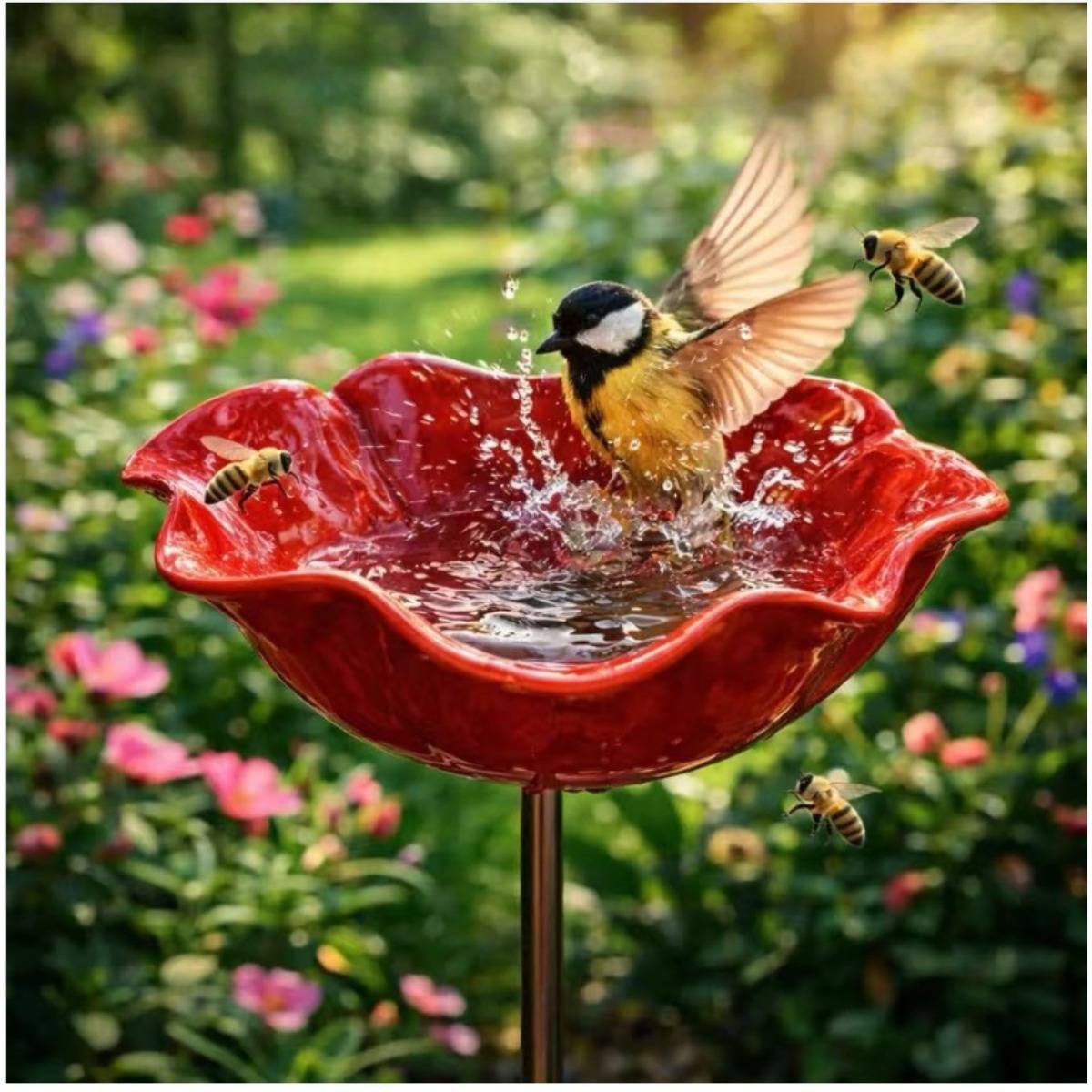 Ein Vogel spritzt in einem roten blütenförmigen Vogelbad herum, während mehrere Bienen um ihn herum in einem Garten schweben.