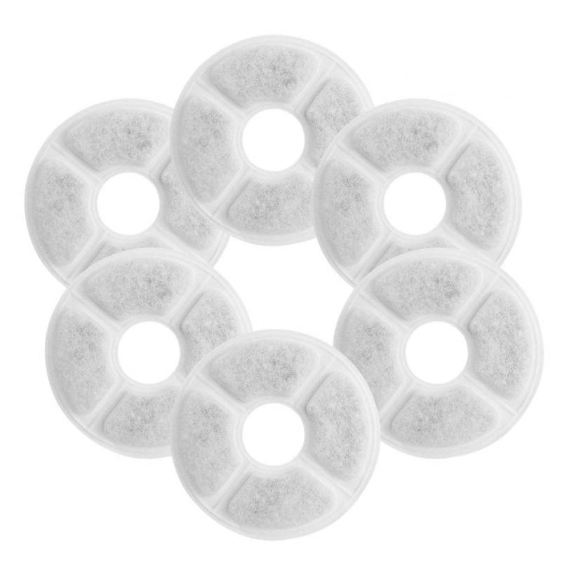 Sechs durchscheinende weiße kreisförmige Scheiben mit Mittellöchern, die in einem Ring auf einem einfachen Hintergrund angeordnet sind.