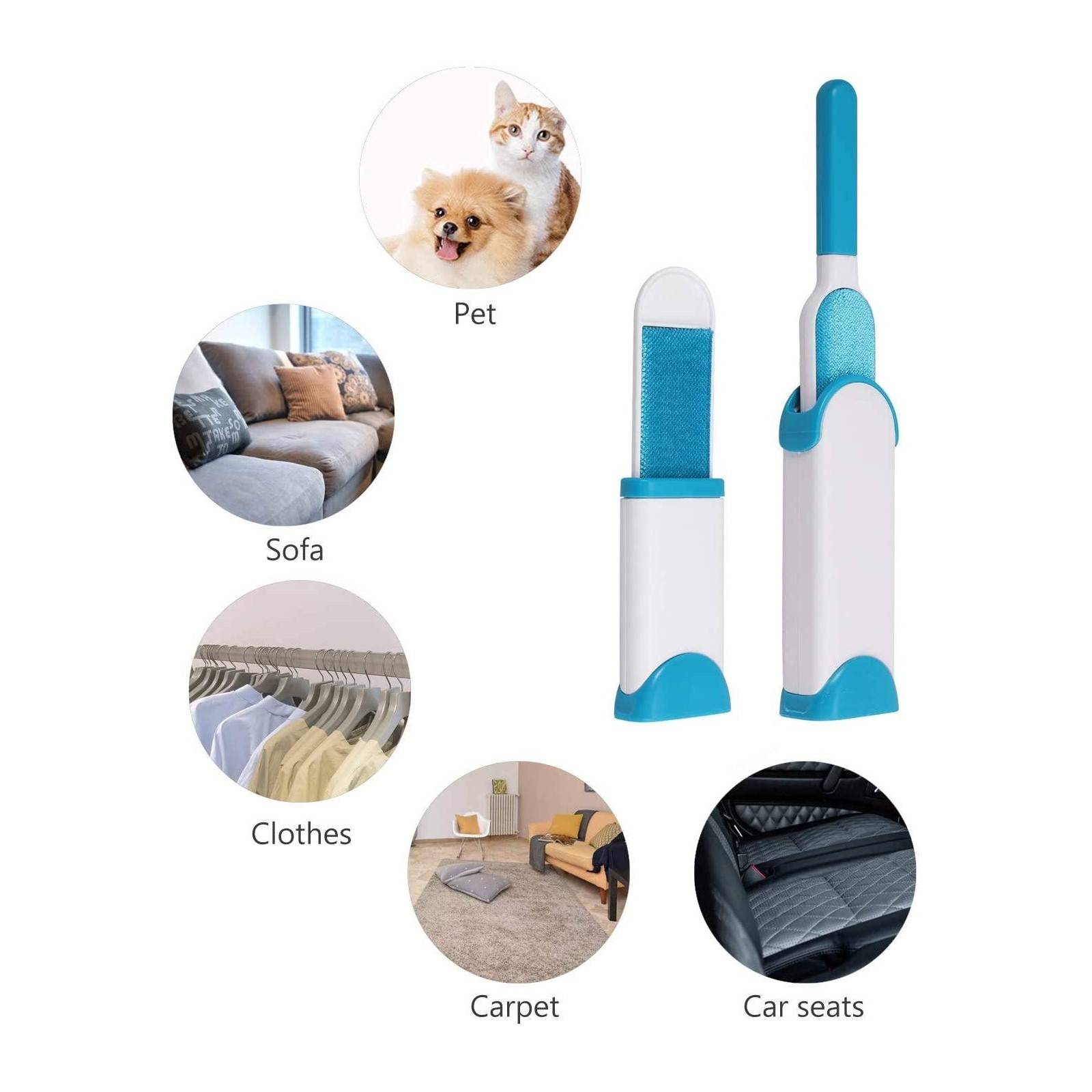 Blaue Fusselrolle mit Behälter, die als sicher für Tierhaare auf Sofas, Kleidung, Teppichen und Autositzen geeignet ist.
