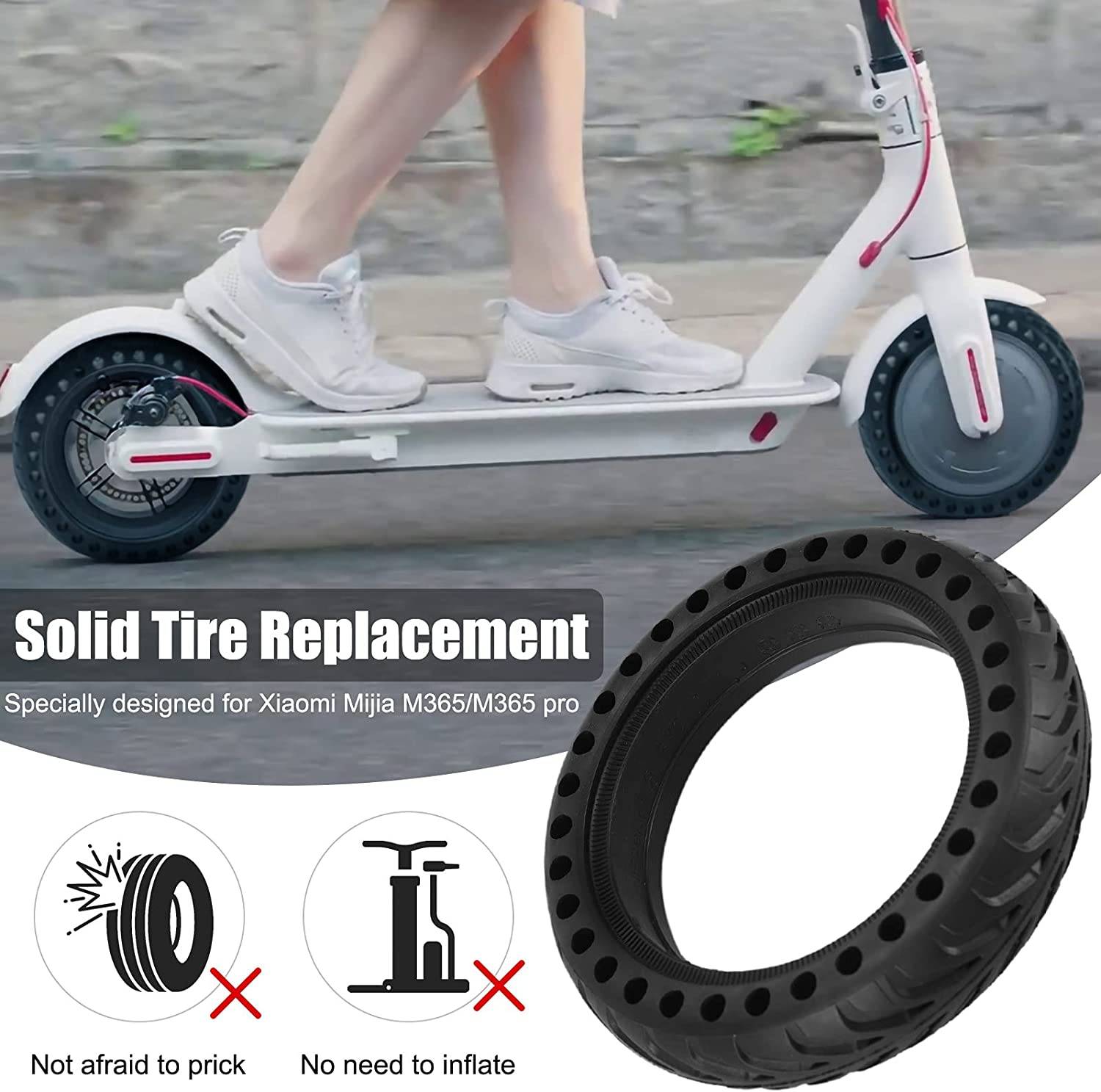 Werbegrafik für einen Ersatzreifen aus Vollgummi für Xiaomi Mijia M365/M365 Pro, die einen Roller in Gebrauch und einen schwarzen plattensicheren Reifen mit Symbolen 