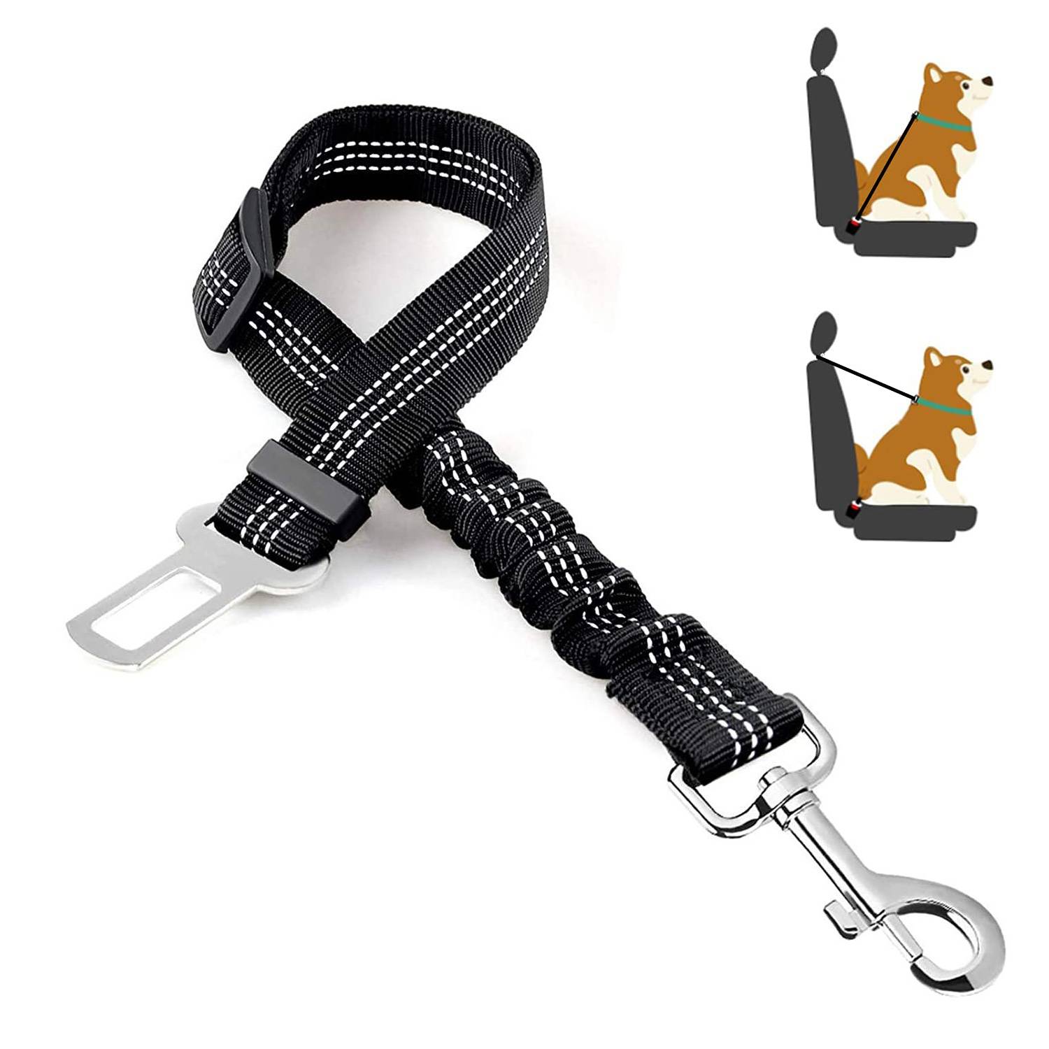Verstellbares Hundeanschnallsystem mit Clip und Schnalle für Autositzplätze; Einsatzsymbole zeigen, wie es einen Hund auf einem Autositz sichert.