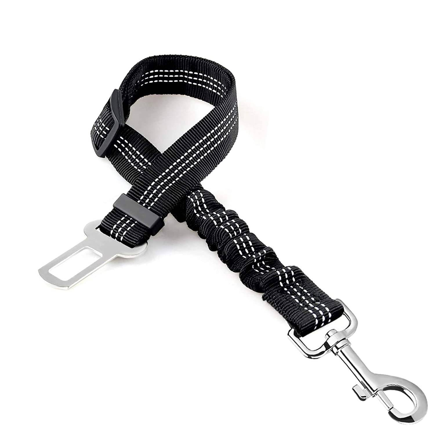 Schwarzes verstellbares Haustier-Sicherheitsgurt-Führseil mit Metallclip und Drehgelenk-Karabiner auf weißem Hintergrund.