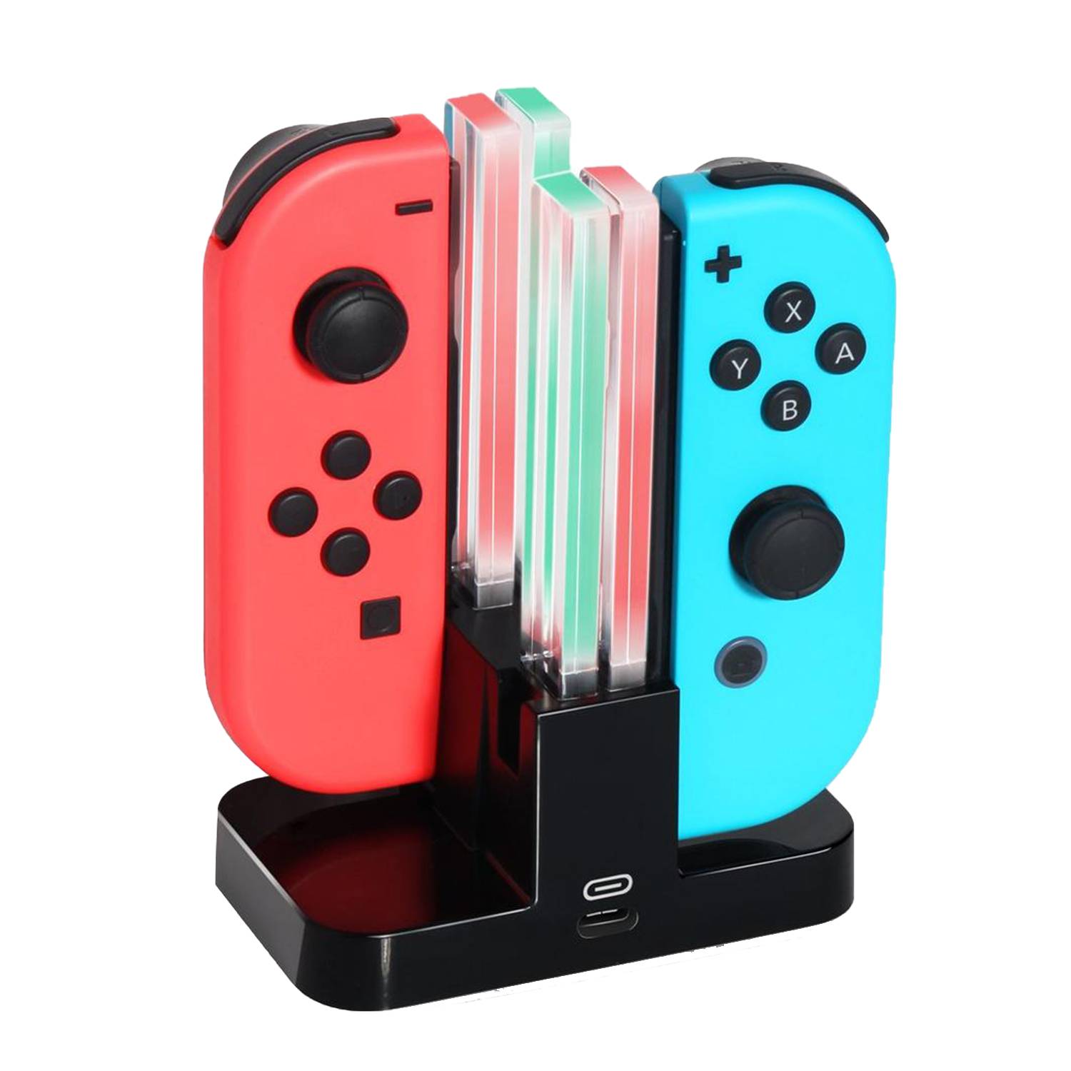Rote und blaue Nintendo Switch Joy-Con Controller in einer schwarzen Ladestation angebracht, mit mehreren Spielkarten, die zwischen ihnen eingesteckt sind.
