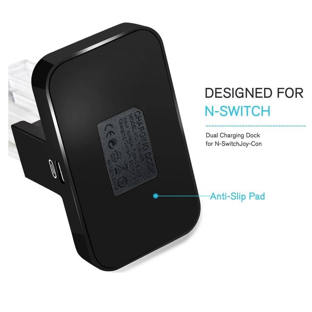 Schwarze Dual-Ladestation für Nintendo Switch Joy-Con, mit den Aufschriften „Designed for N-Switch" und „Anti-Slip Pad"".