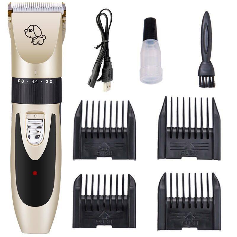 Haustierfell-Trimmer-Set mit Schermaschine, USB-Ladekabel, Reinigungsbürste, Ölflacon und vier Kammaufsätzen auf weißem Hintergrund.