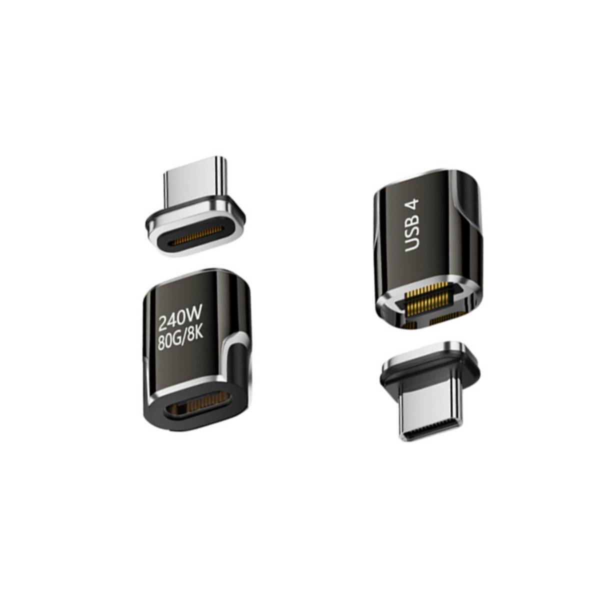 Vier USB-C-Adapter-Enden auf weißem Hintergrund, gekennzeichnet mit „240W 80G/8K