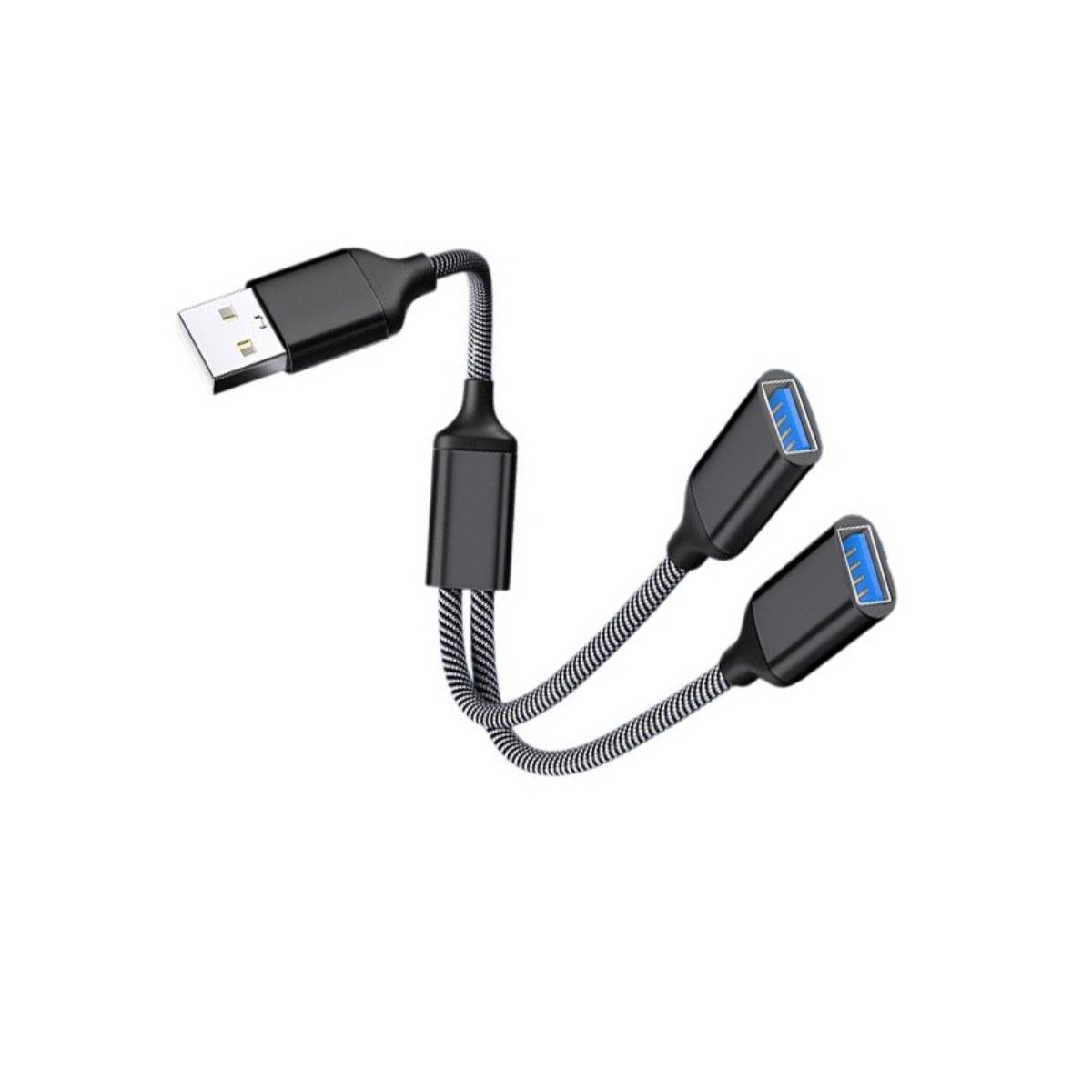 Schwarzes USB-Verlängerungssplitter-Kabel mit einem männlichen USB-A-Stecker und zwei weiblichen USB-A-Buchsen an flexiblen geflochtenen Leitungen.