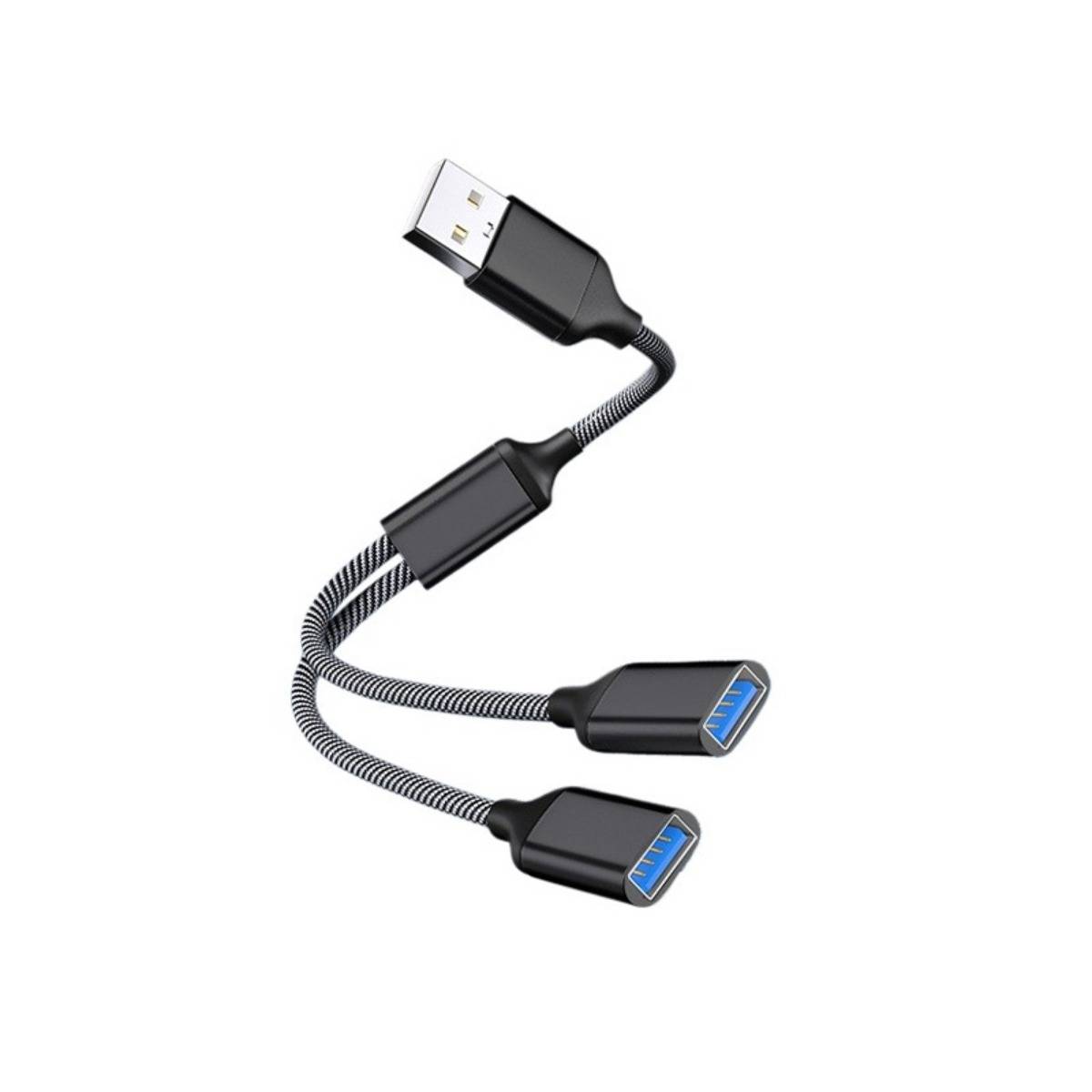 USB-A Stecker auf Dual-USB-A Buchse Splitterkabel mit flexiblem geflochtenem Kabel und schwarzen Steckern auf weißem Hintergrund