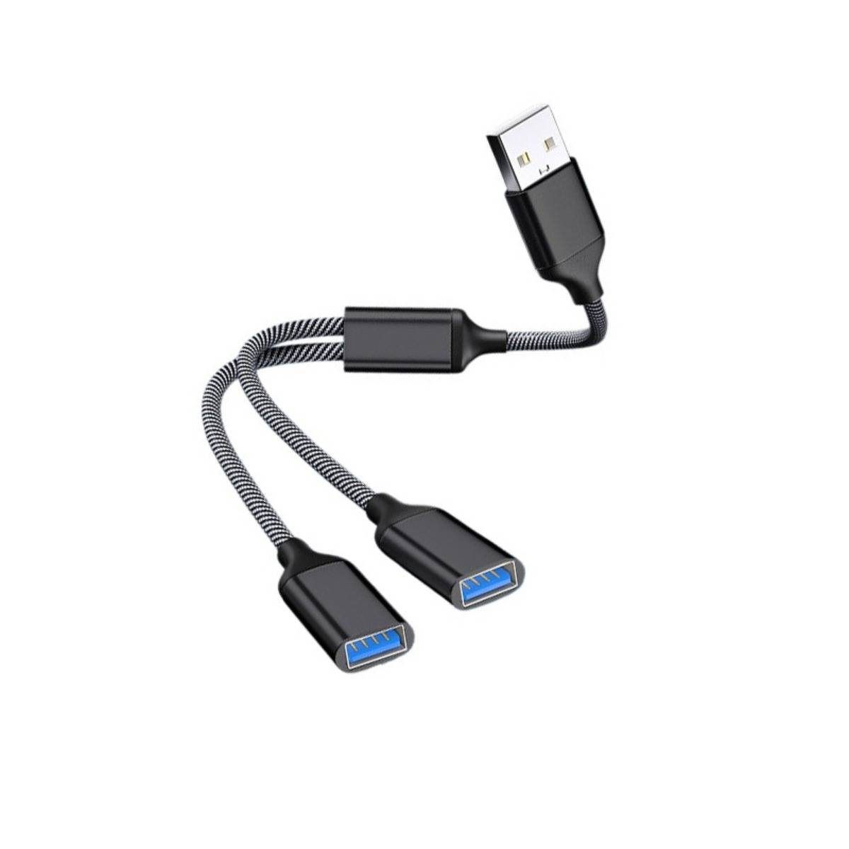Dreiwegebiger USB-Adapterkabel mit einem USB-A-Stecker, der sich in zwei weibliche USB-A-Buchsen aufteilt, auf weißem Hintergrund dargestellt.