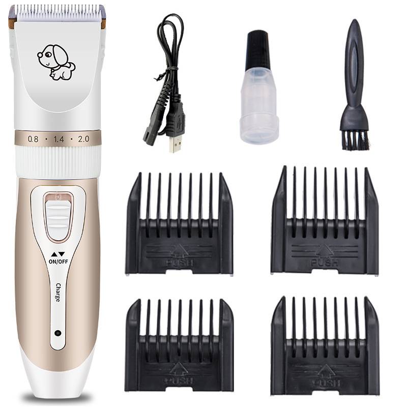 Haustierhaarschneiderset mit Haarschneider, USB-Ladekabel, Reinigungsbürste, Klingenöl und vier Kammaufsätzen.