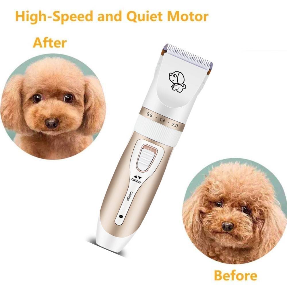 Werbegrafik für einen leisen Haustierhaarschneider, die einen Pudel im Vorher- und Nachher-Vergleich der Haarschnitte um den Trimmer herum zeigt.