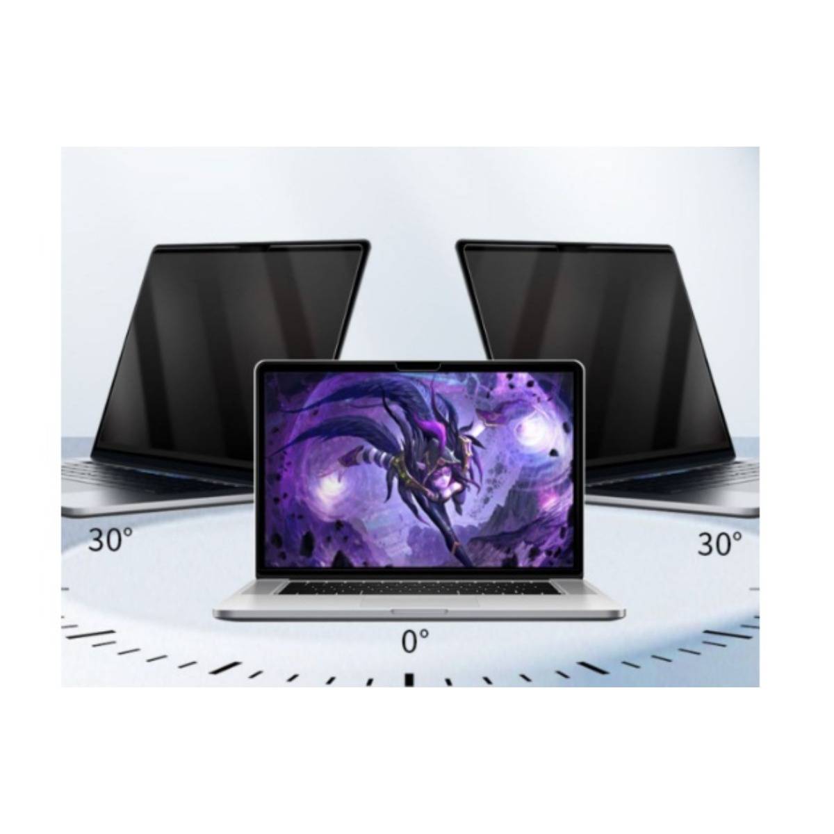 Drei Laptops, die in verschiedenen Bildschirmwinkeln gezeigt werden, wobei der mittlere Laptop frontal ausgerichtet ist und die seitlichen Laptops um 30° nach links und rechts geneigt sind.