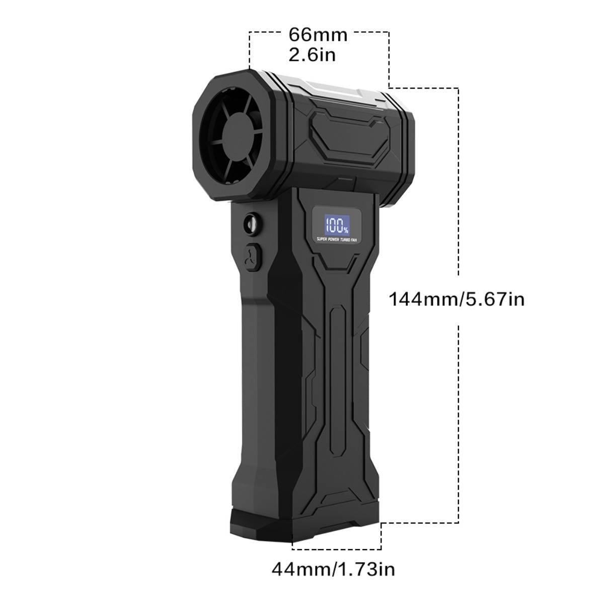 Schwarzes tragbares Gerät mit zylindrischem oberen Lüfter, kleinem Display und gekennzeichneten Abmessungen von 66 mm Breite, 144 mm Höhe, 44 mm Tiefe.