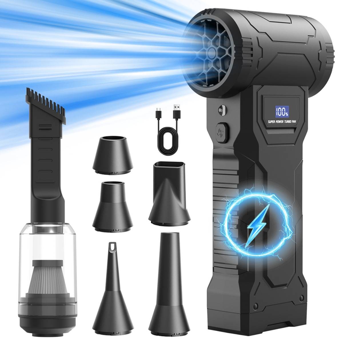 Schwarze tragbare elektrische Druckluftanlage mit digitaler Batterieanzeige, USB-Kabel und mehreren Düsenaufsätzen, dargestellt als Produktset, das Luftströme ausbläst.