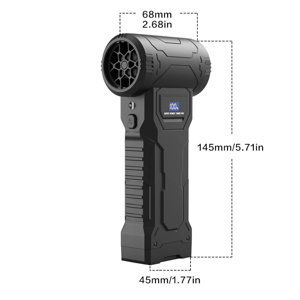 Schwarzer tragbarer Ventilator mit beschrifteten Abmessungen: 145 mm Höhe, 68 mm Breite, 45 mm Tiefe; kleine Anzeige auf der Vorderseite.
