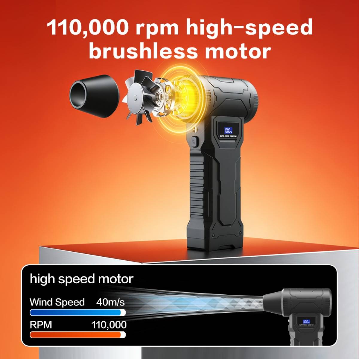 Explodierte Produktgrafik eines tragbaren Gebläses mit „bürstenlosem Hochgeschwindigkeitsmotor mit 110.000 U/min