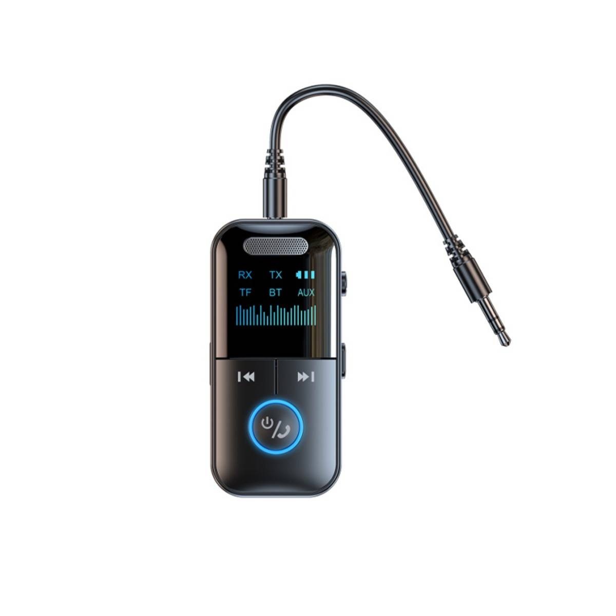Bluetooth-Audio-Adapter mit LCD-Display, Power-Button und 3,5-mm-Stecker auf flexiblem Kabel