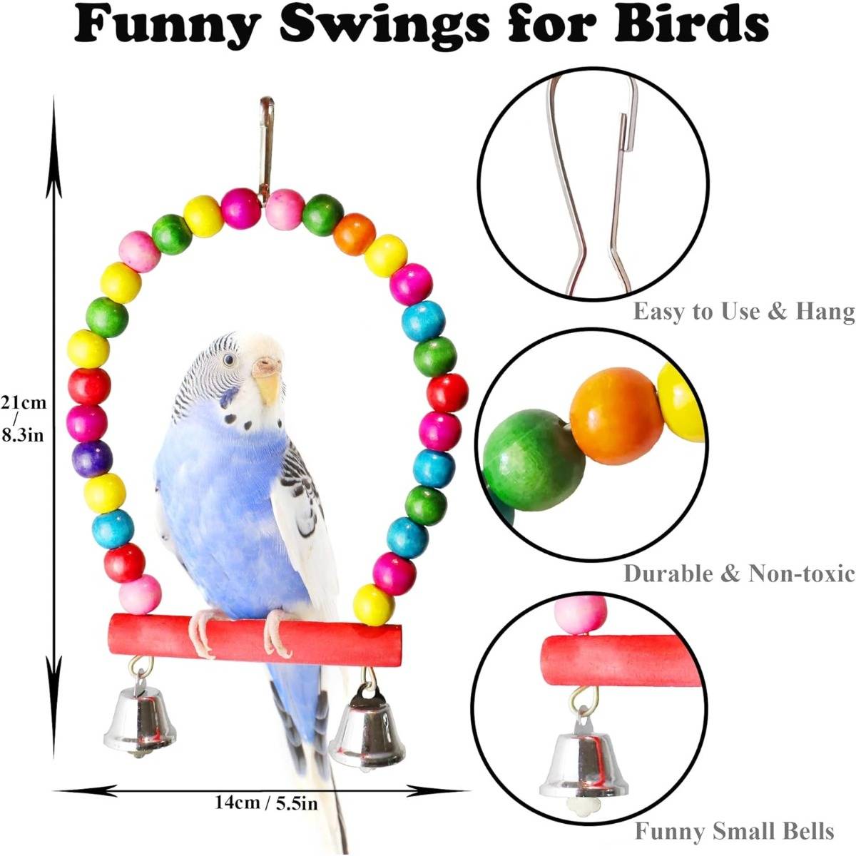 Werbebild einer bunten Perlenschaukel für Vögel mit einem blau-weißen Wellensittich, hängenden Glöckchen und Detailaufnahmen, die den Haken, die Perlen und die ungiftigen Materialien hervorheben; mit der Angabe 21 cm hoch und 14 cm breit.