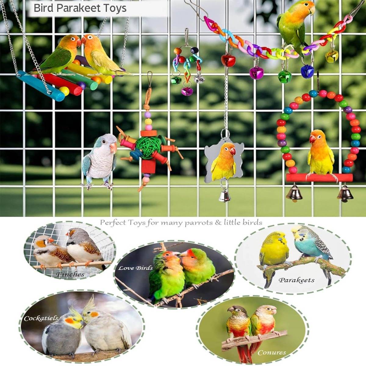 Collage mit dem Titel „Bird Parakeet Toys