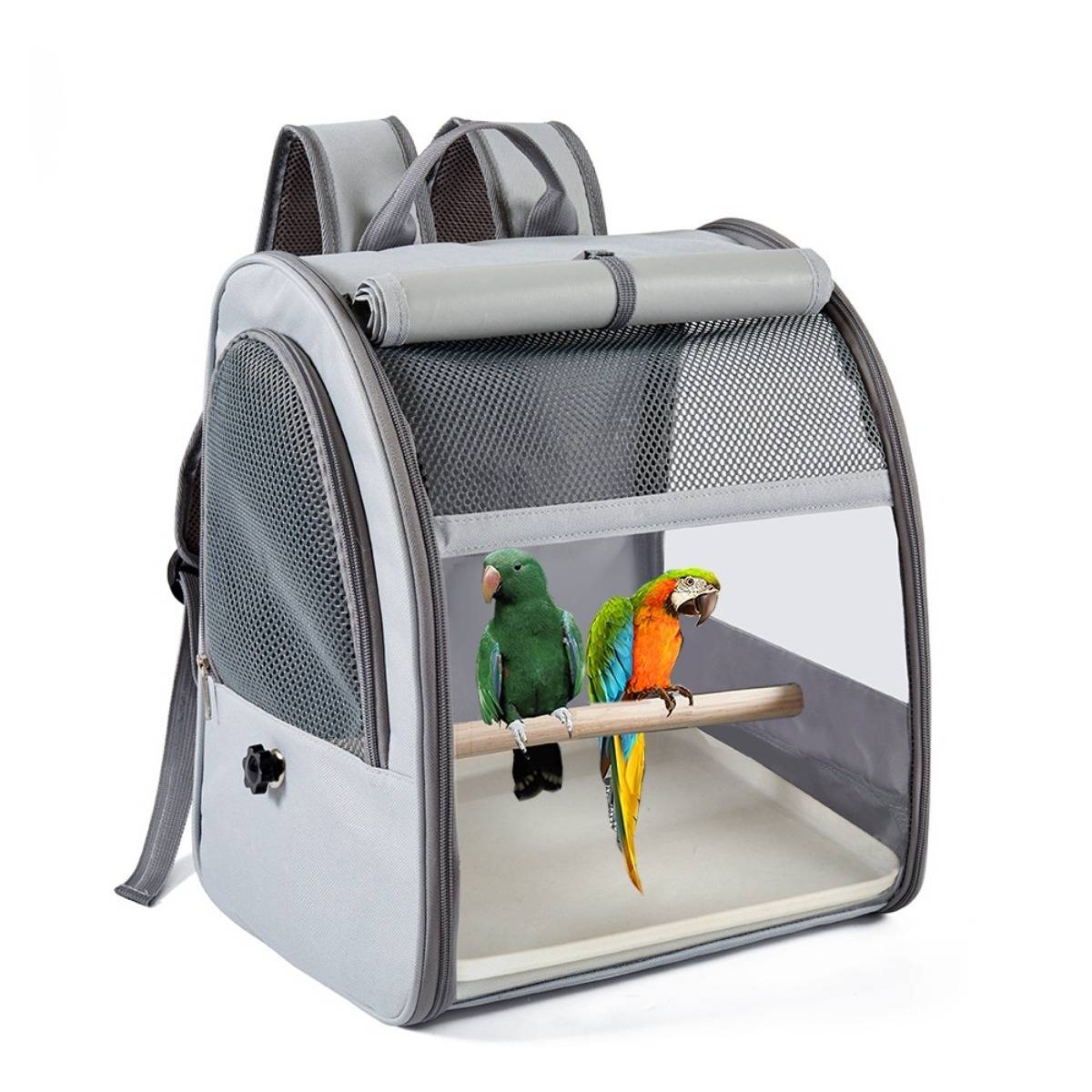 Grauer Mesh-Vogelrucksack-Transportbehälter mit zwei Papageien auf den Stangen, konzipiert für den sicheren Transport von Vogelhaustierhaltung.