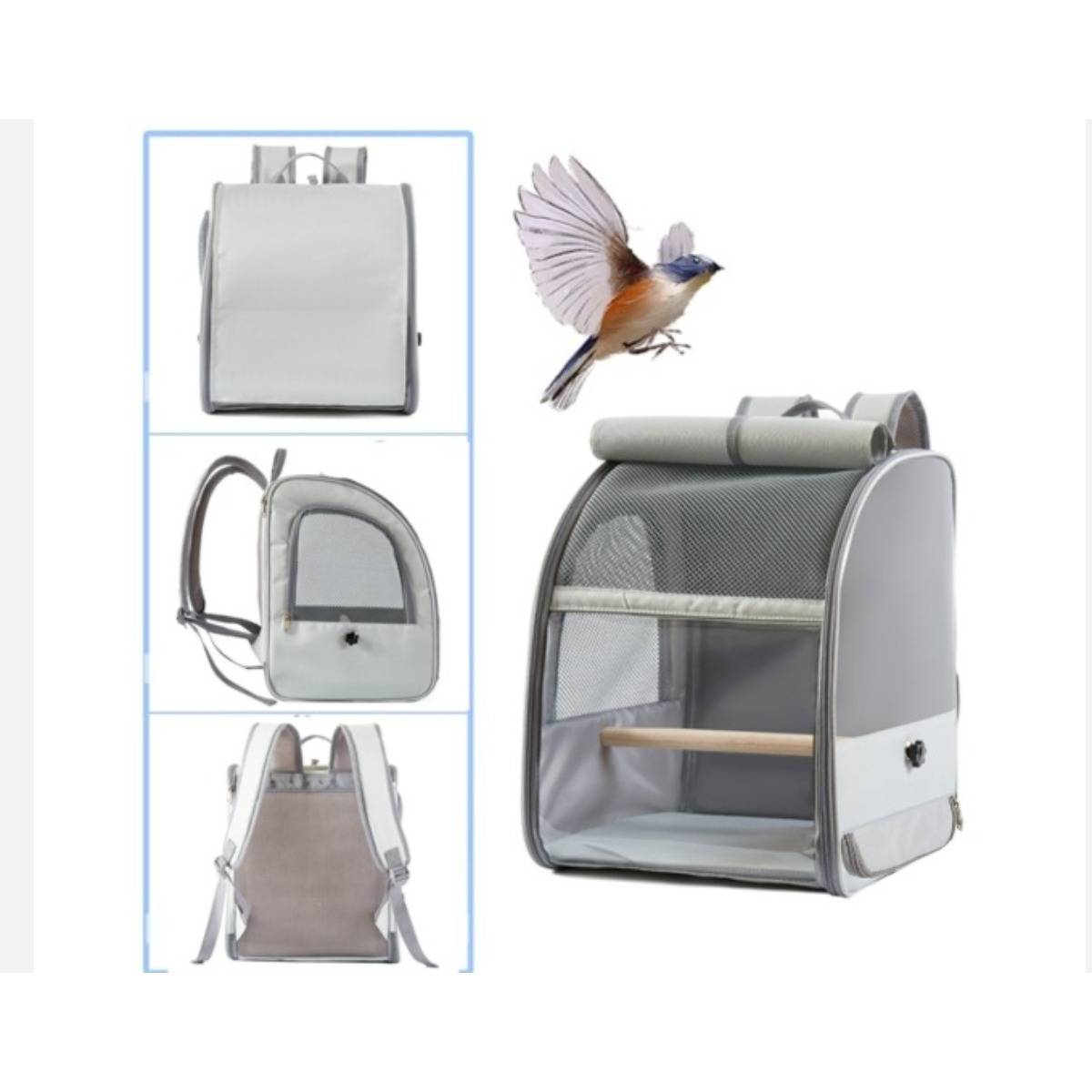 Grauer Rucksack-Stil-Heimtiertransportbehälter von mehreren Blickwinkeln gezeigt, mit einem fliegenden Vogel über der Vorderansicht auf weißem Hintergrund.