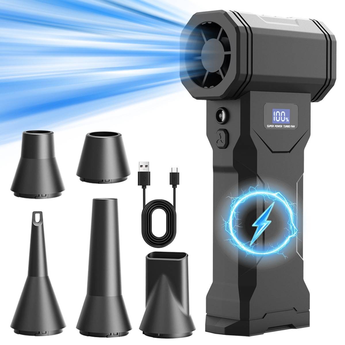 Tragbarer tragbarer Gebläse mit blauem Luftstrom, USB-Ladekabel, austauschbaren Düsen und Batteriestandsanzeige, die 100% anzeigt.