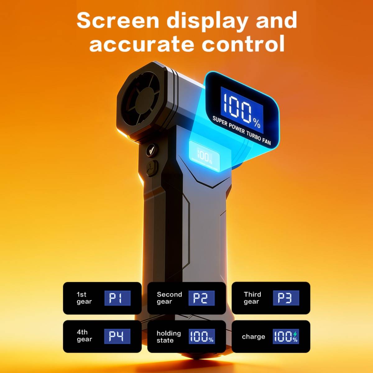 Produktanzeige mit einem tragbaren Ventilator mit digitalem Display, das „100%