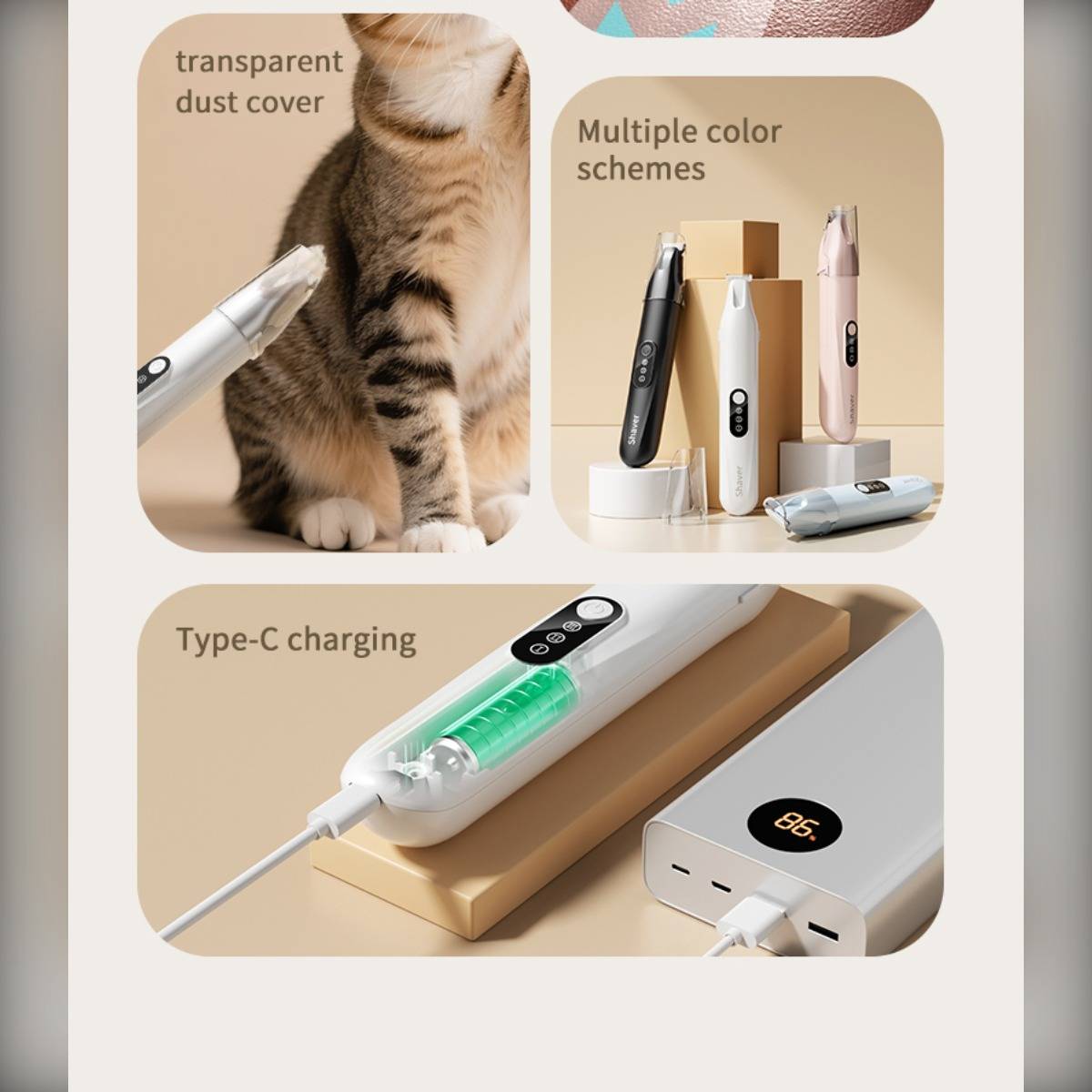 Werbecollage eines elektrischen Fusselentferners mit durchsichtiger Staubabdeckung, mehreren Farboptionen und USB-C-Ladung.