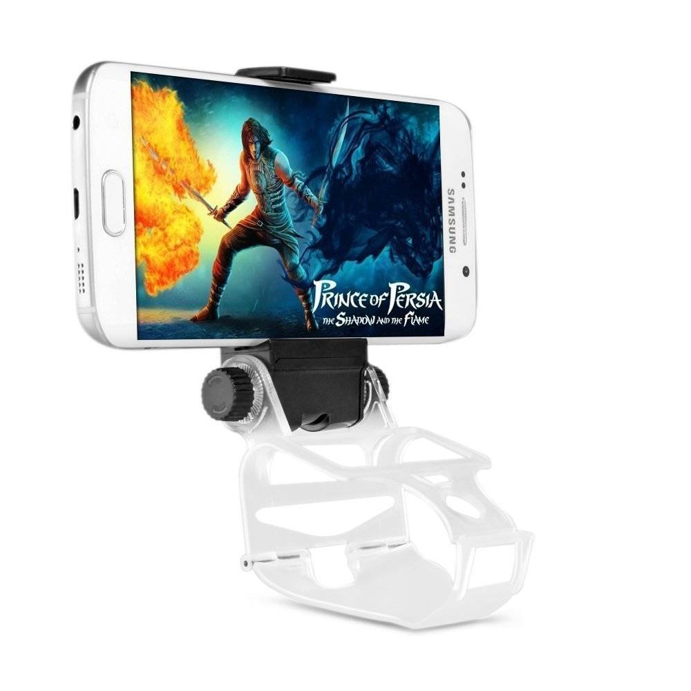 Weißes Smartphone in einer Kunststoff-Sucher-Halterung, auf dem das Spielkunstwerk von „Prince of Persia: The Shadow and the Flame" angezeigt wird.