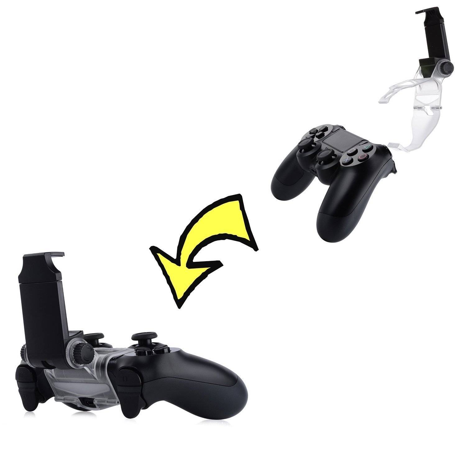 Schwarzer Gamecontroller montiert auf einer transparenten Handyhalterung, mit einem Pfeil, der zeigt, wie die Halterung am Controller befestigt wird.