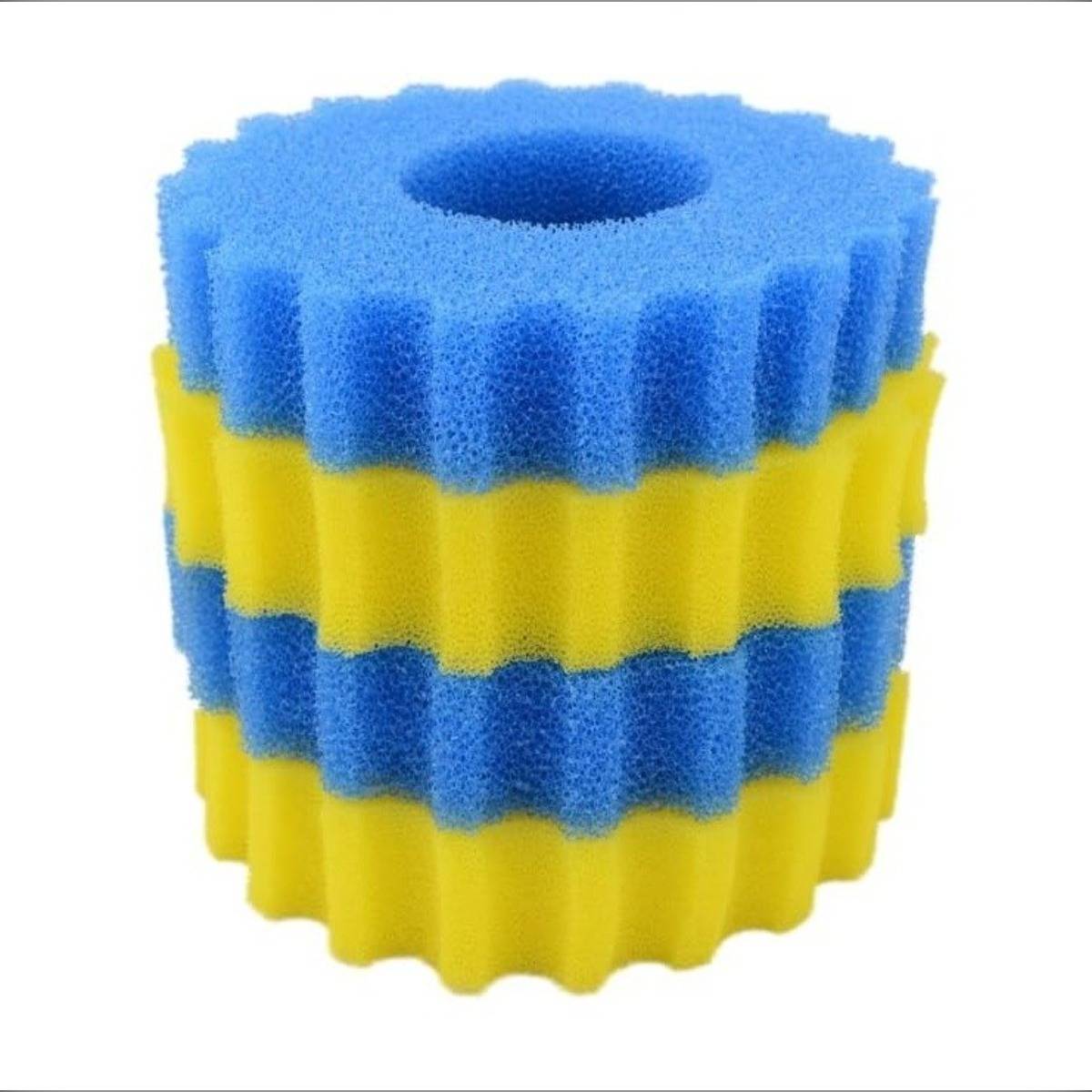Blau-gelber, schichtiger zylindrischer Schaumstofffilter mit einem zentralen Loch, dargestellt vor weißem Hintergrund.