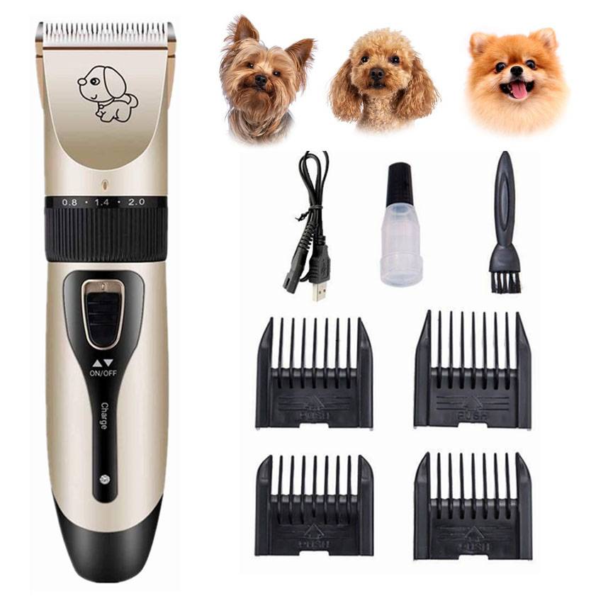 Kabelloses Hundehaarschneiderset mit drei Haustierfrisierköpfen, Kammschutzvorrichtungen, USB-Kabel, Ölflasche und Reinigungsbürste.