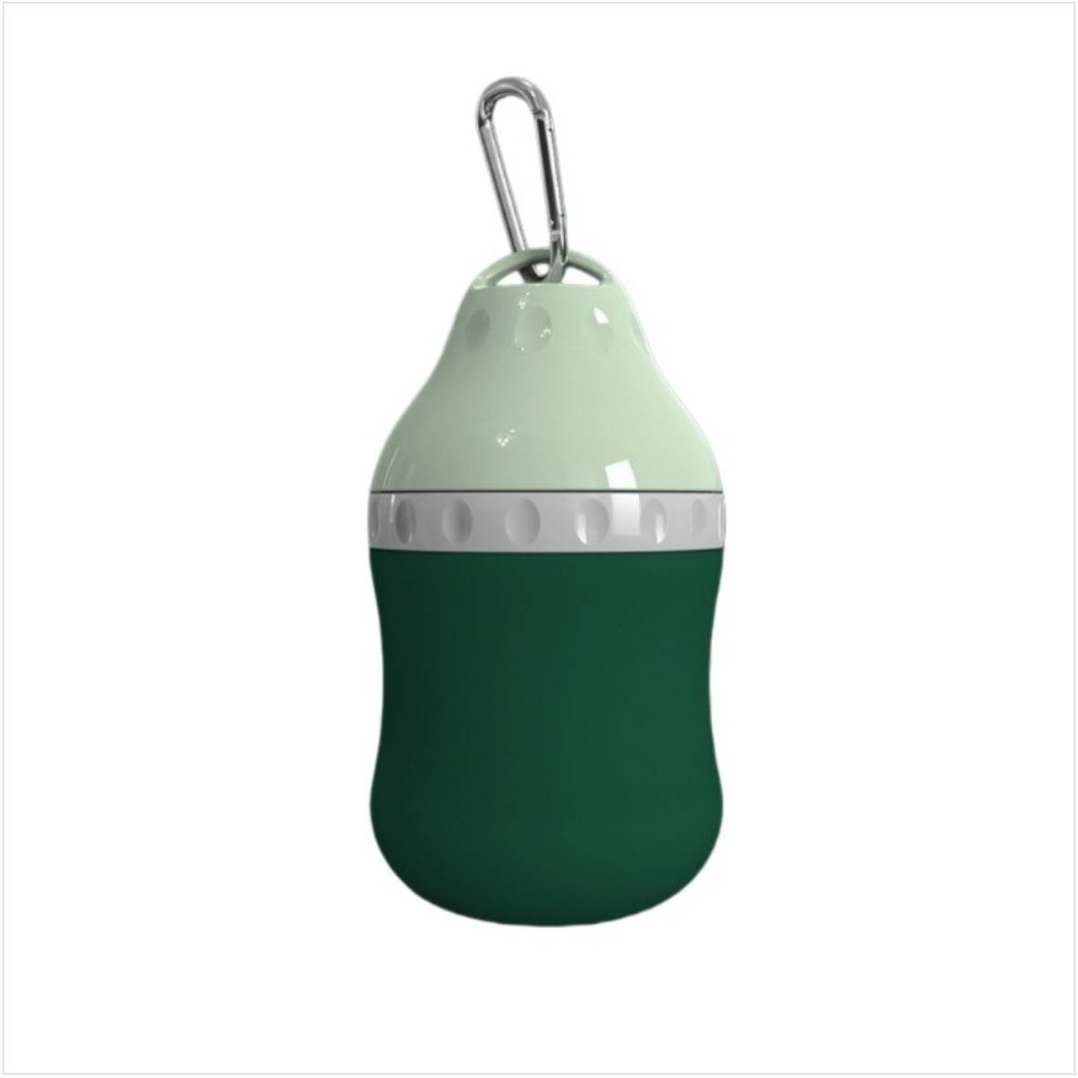 Grüner und hellgrauer tragbarer Behälter oder eine Flasche mit einem Karabinerhaken an der Oberseite, gezeigt auf weißem Hintergrund.