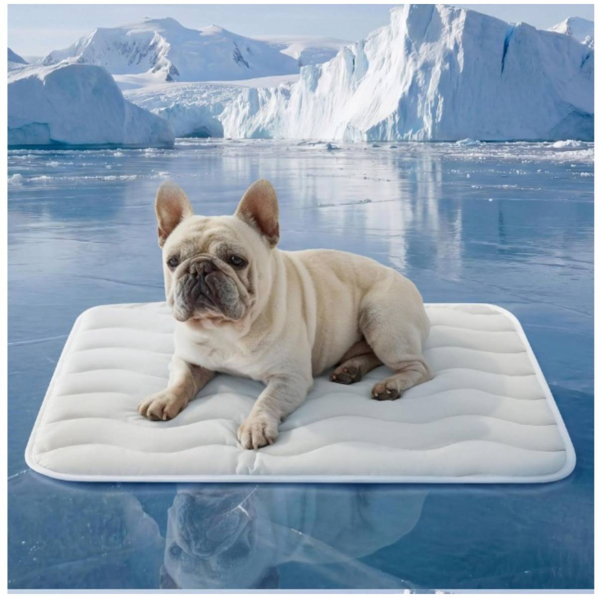 Französische Bulldogge, die auf einer weißen Matratze liegt, die auf eisigem Wasser schwimmt, mit Gletschern im Hintergrund.