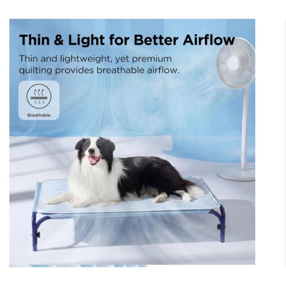 Schwarz-weißer Hund liegt auf einem erhöhten Kühlkissen mit Ventilator; der Text lautet „Dünn und leicht für bessere Luftzirkulation" und „Atmungsaktiv"".