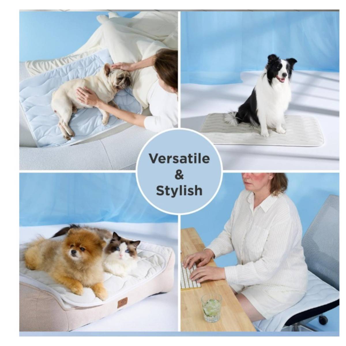 Collage zeigt ein vielseitiges, stilvolles Haustierbett, das von Hunden und einer Katze verwendet wird, mit einer Person, die in der Nähe arbeitet; der Text in der Mitte lautet „Vielseitig & Stilvoll".