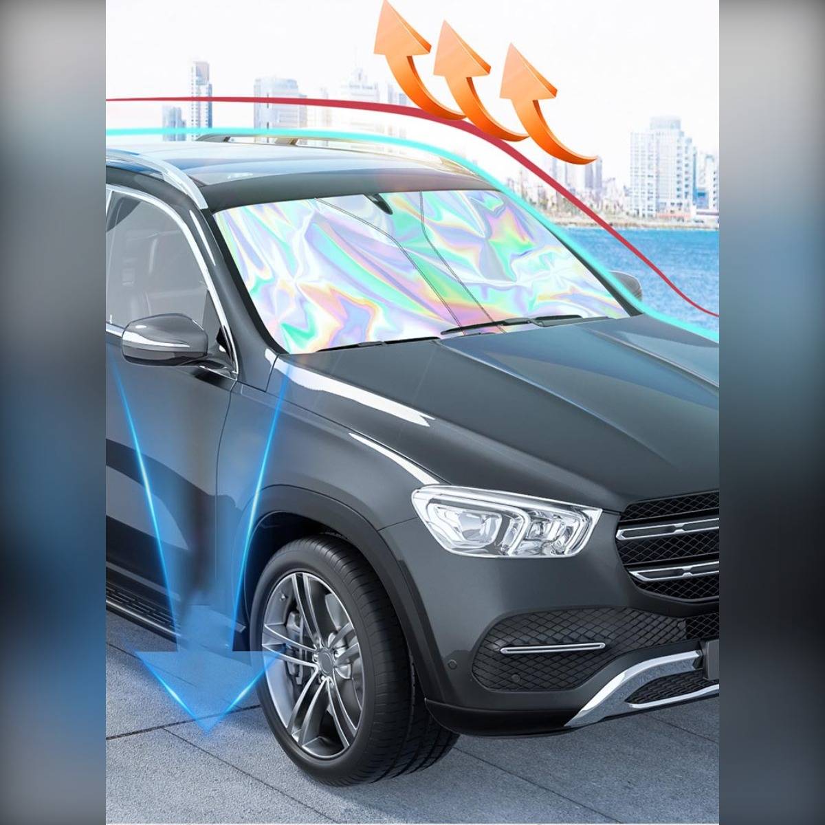 Schwarzer SUV mit getönter Windschutzscheibe und Luftströmungspfeilen, der eine kühlende oder wärmereflektierende Sonnenschutzwirkung in einer städtischen Umgebung veranschaulicht.