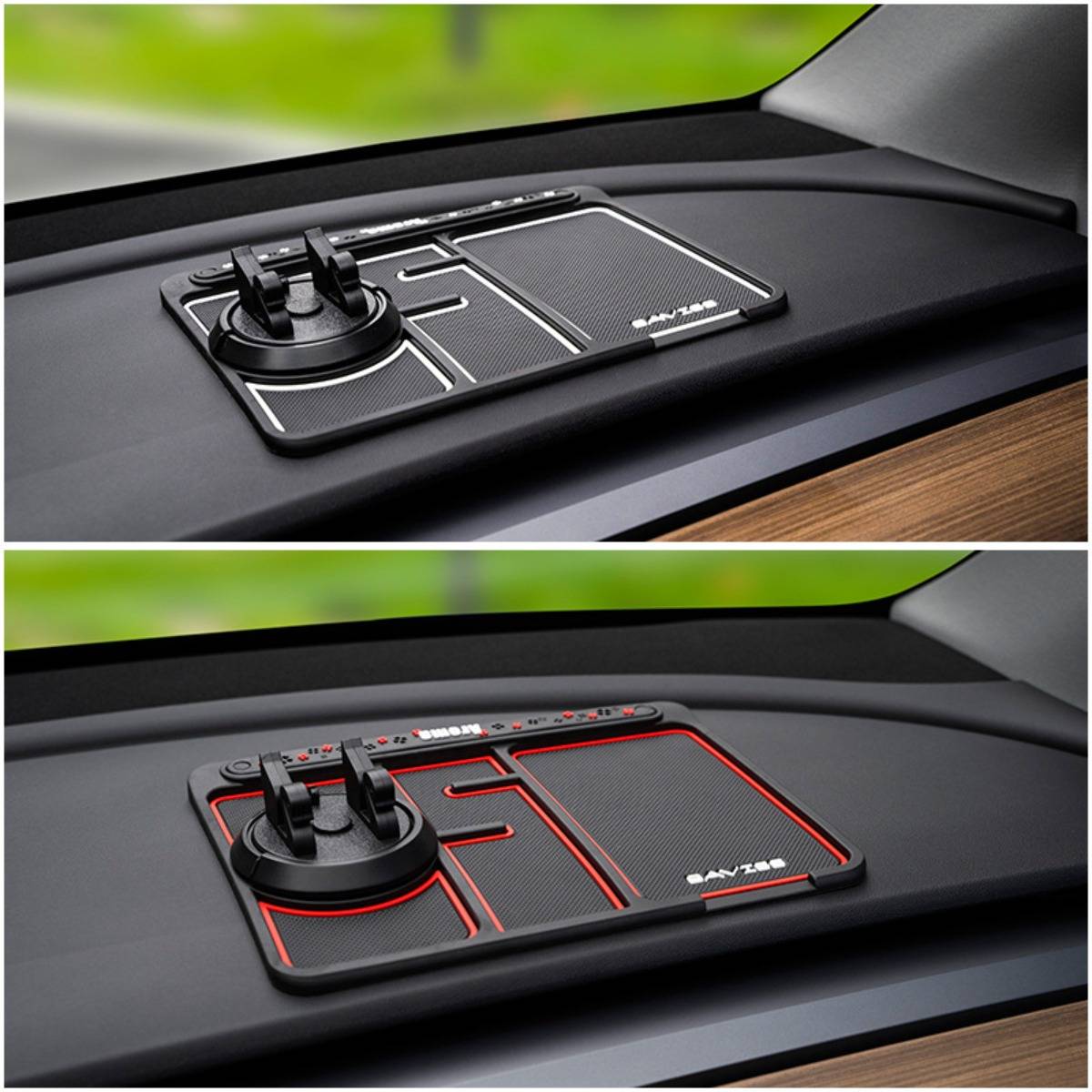 Zwei Ansichten einer Autoarmaturenbrett-Halterung oder eines Bedienfelds, dargestellt in Schwarz und Rot akzentuierten Designs auf der Beifahrerseite.