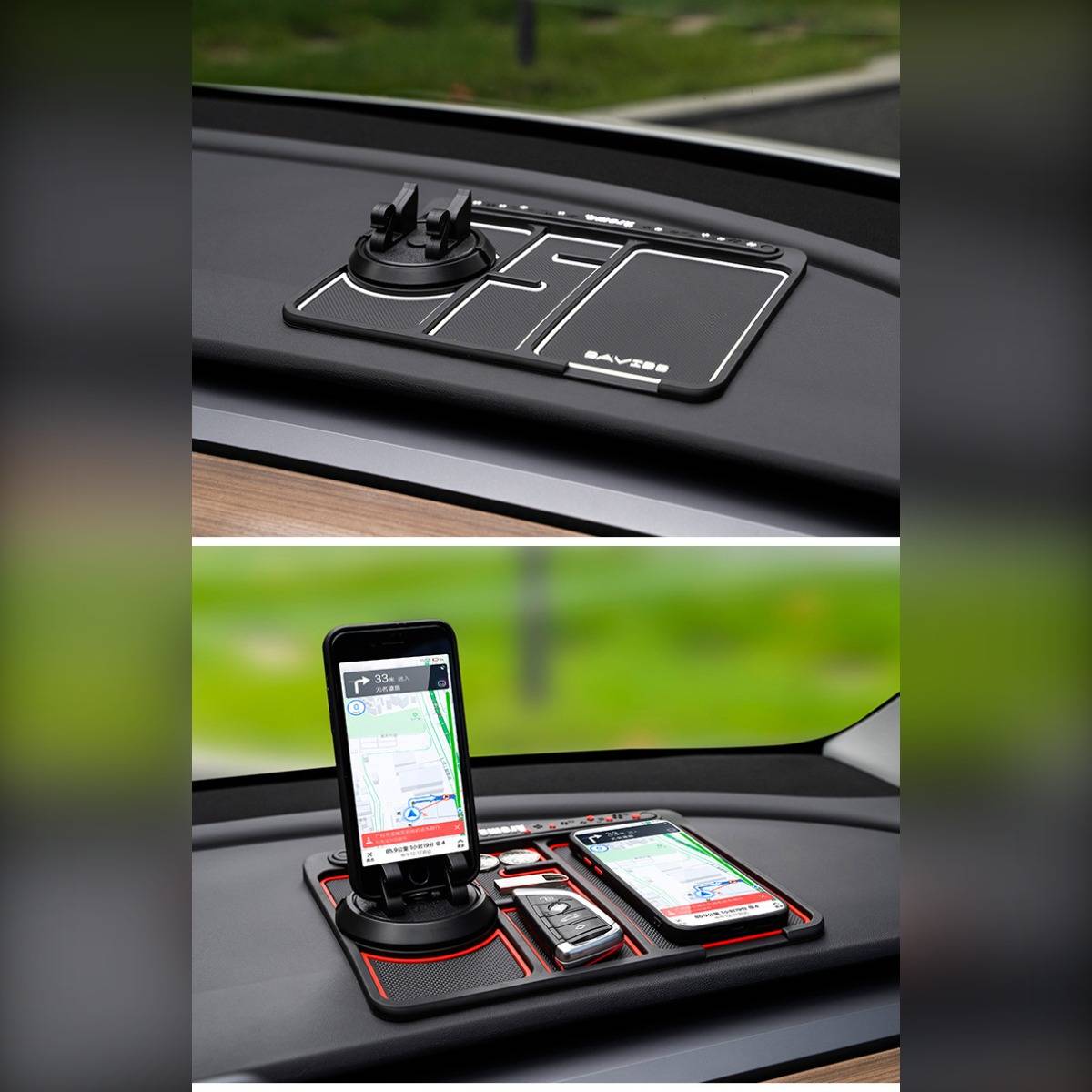 Armaturenbrett-Zubehörblende mit Joystick-Regler und Telefonhalterung; darunter sind zwei Smartphones angedockt, eines zeigt Navigationskarten an.