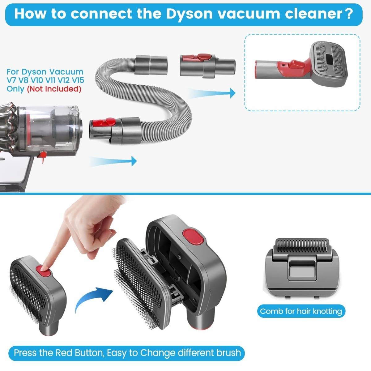Infografik zeigt, wie man ein Dyson-Staubsauger-Zubehör anschließt und Bürstenköpfe durch Drücken der roten Taste wechselt; für die Modelle V7, V8, V10, V11, V12, V15.