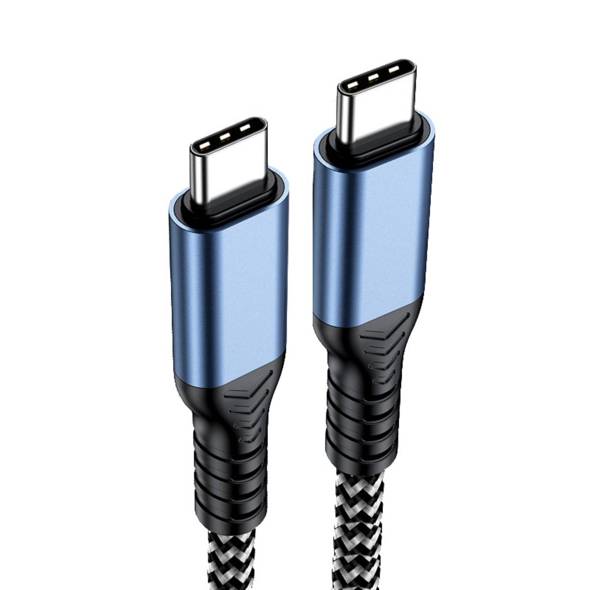 Zwei blaue USB-C-Kabelstecker mit schwarzen geflochtenen Kabeln auf weißem Hintergrund.