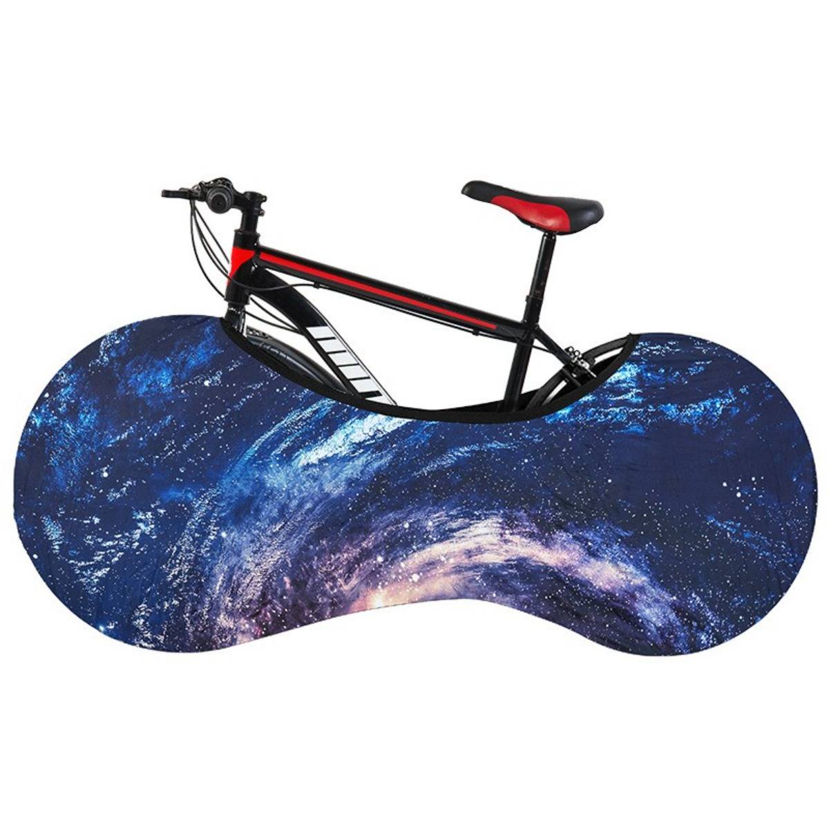 Fahrradständer mit einer Galaxy-Print-Oberfläche in Form einer gewellten Bohne, der ein Fahrrad oben trägt, vor einem weißen Hintergrund.