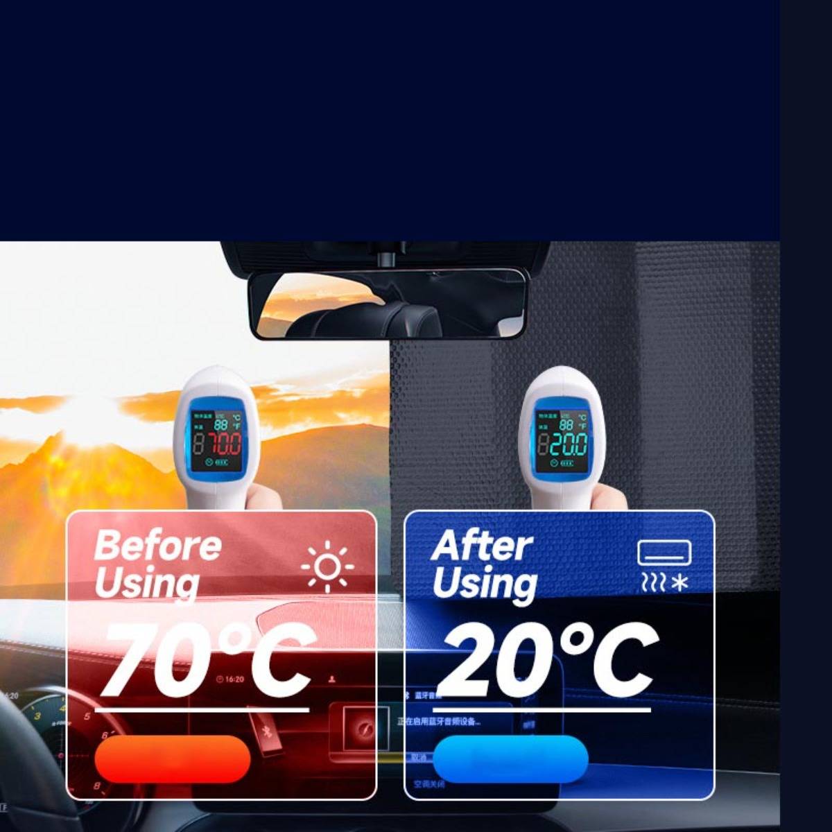 Geteilter Bildschirm zum Vergleich des Autoinnenklimas, das „Vor Verwendung" 70°C in einem heißen, sonnigen Auto und „Nach Verwendung"" 20°C in einem gekühlten Auto zeigt.